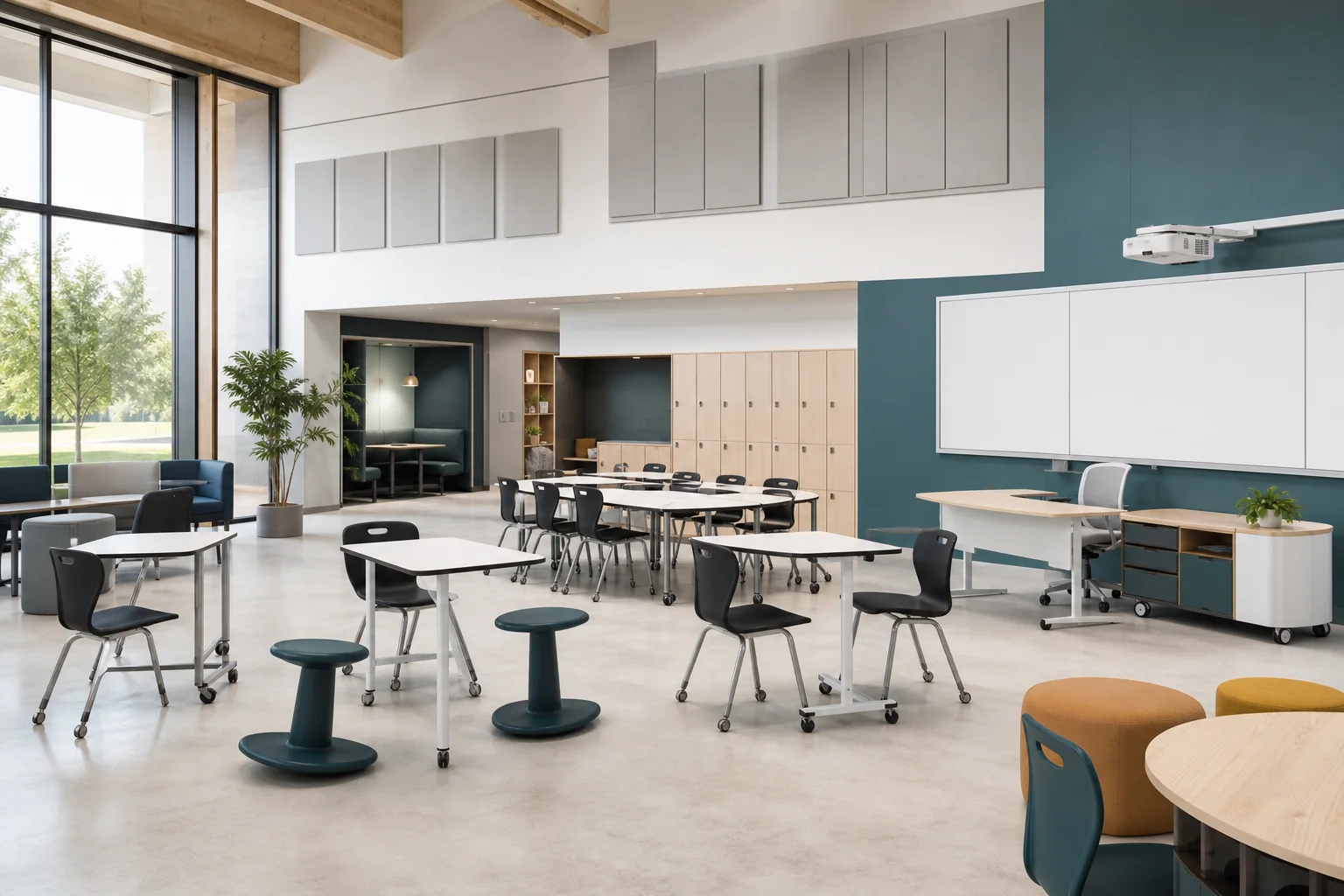 Modern school classroom with student chairs, desks, cabinets, and soft learning areas